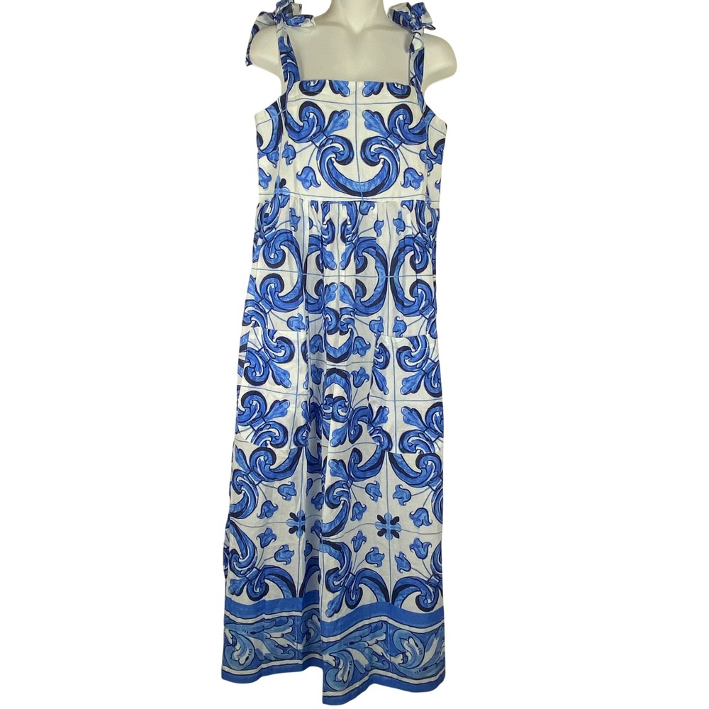 Tuckernuck Capri Blue Majolica Tile Tie Shoulder Caftan Dress Small NWT